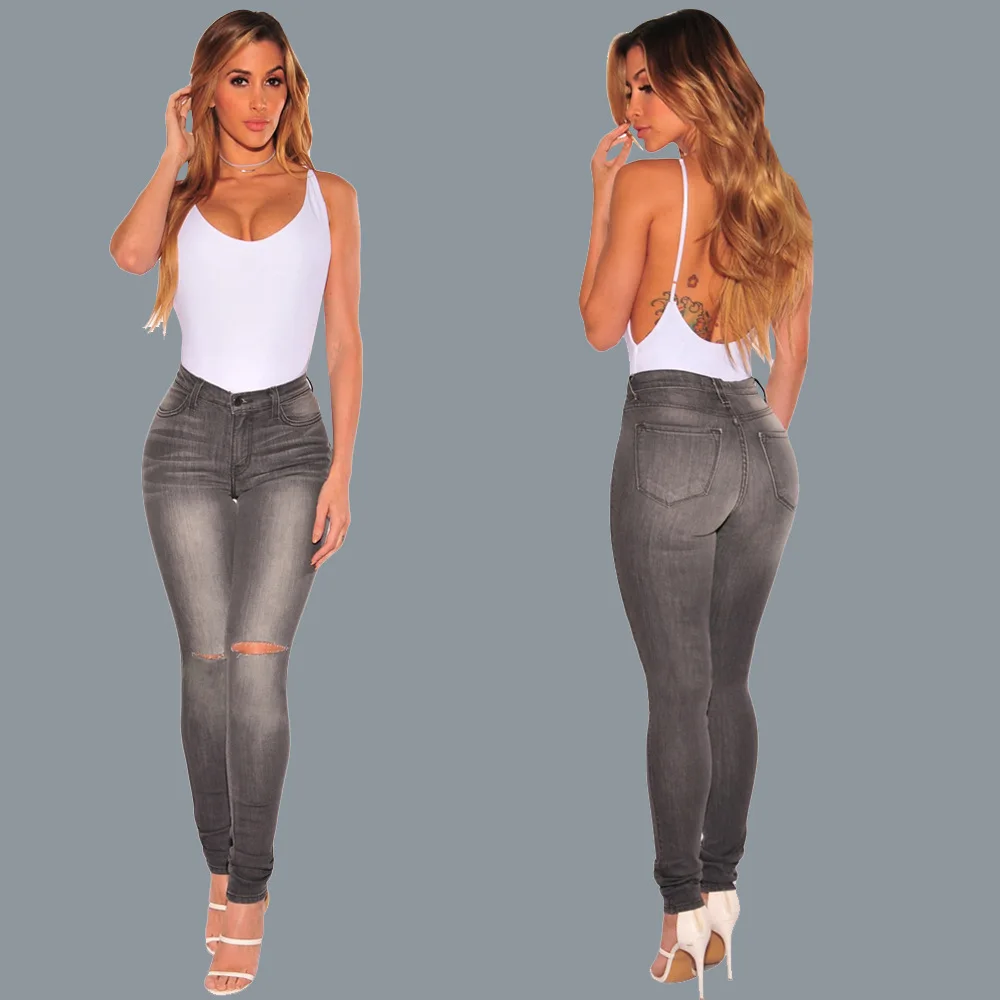 TCJULY Cotton Bleached Washed Ripped Jeans For Women Skinny Push Up Denim Pencil Pants With Holes Casual Slim Stretch Gray Jeans