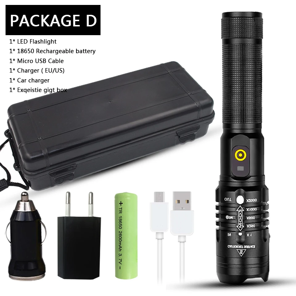 Package D Светодиодный фонарик cree xhp70 usb зарядка стрейч зум ударопрочный внешний аккумулятор 18650 перезаряжаемый фонарик факел z92 - Испускаемый цвет: Package D