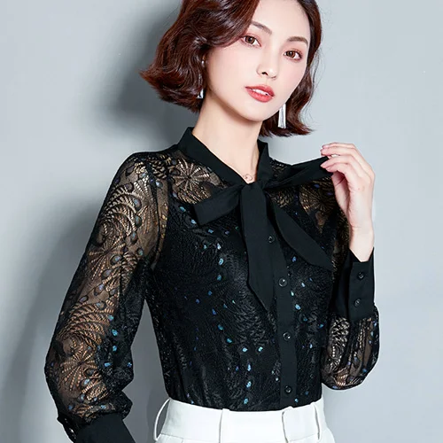 Черный Blusas mujer de moda Осенняя кружевная рубашка с длинными рукавами сексуальная открытая женская блузка с бантом рубашка плюс размер Свободная Женская рубашка - Цвет: Черный
