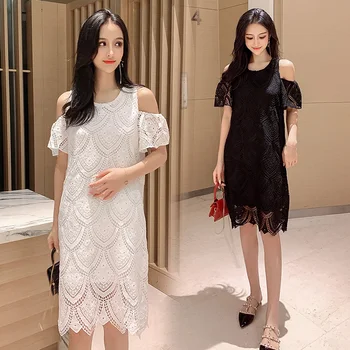 

8907# Should Off Lace Maternity Dress Summer Korean Fashion Clothes for Pregnant Women Bodycon Elegant Pregnancy Clothing