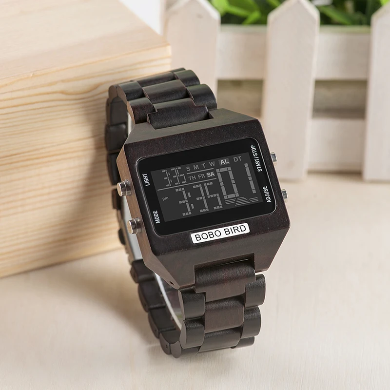 BOBOBIRD Multi-function Digital Watch Luxury Wood Men Timepiece Wristwatch erkek kol saati LED Display with Wooden Box L-S30