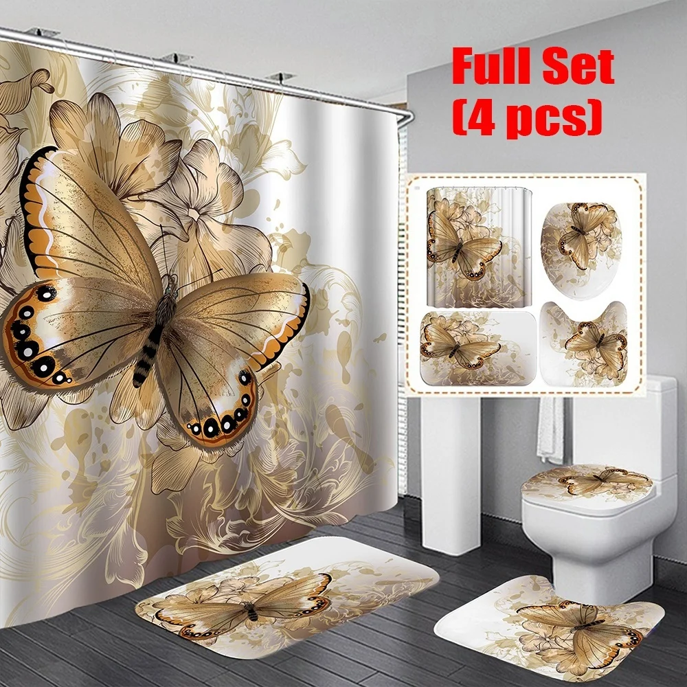 

Gold Butterfly Bath Shower Curtain Waterproof Polyester Bathroom Curtain Rugs Non-slip Bath Mat Set Kitchen Carpet