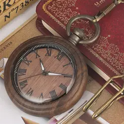 Римские цифры дисплей карманные часы на цепочке деревянный корпус кварцевый механизм античный креативный кулон часы с бронзовая цепь