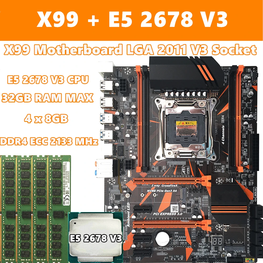 Комплект материнской платы X99 LGA 2011 V3 для процессора Intel E5 2678 МГц 32 ГБ|Материнские