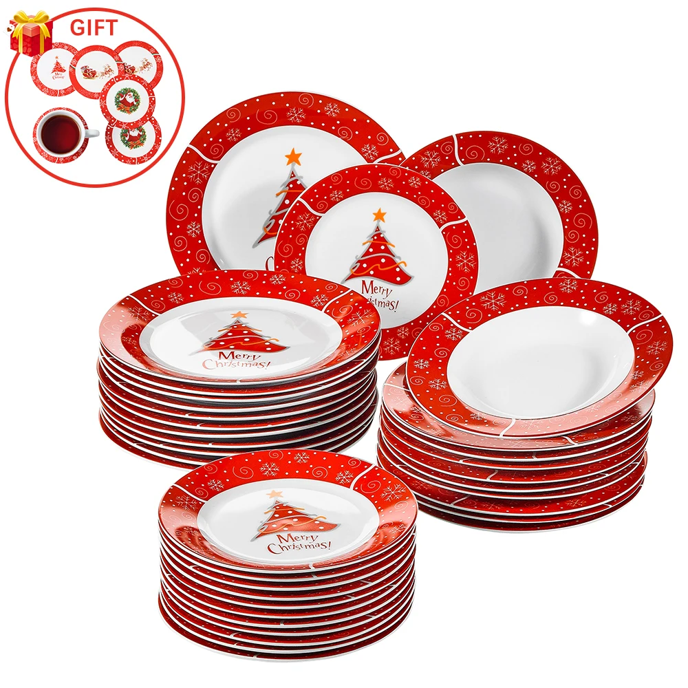 

VEWEET 36-Piece Christmas Style Porcelain Ceramic Dinnerware Set with 12*Dessert Plate,Soup Plate and Dinner Plate Set Gift
