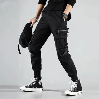 

Man Streetwear Casual Cotton Slim Black Mens Sweatpants Trousers Ribbons Pockets Ankle-length Joggers Harem Pants Men
