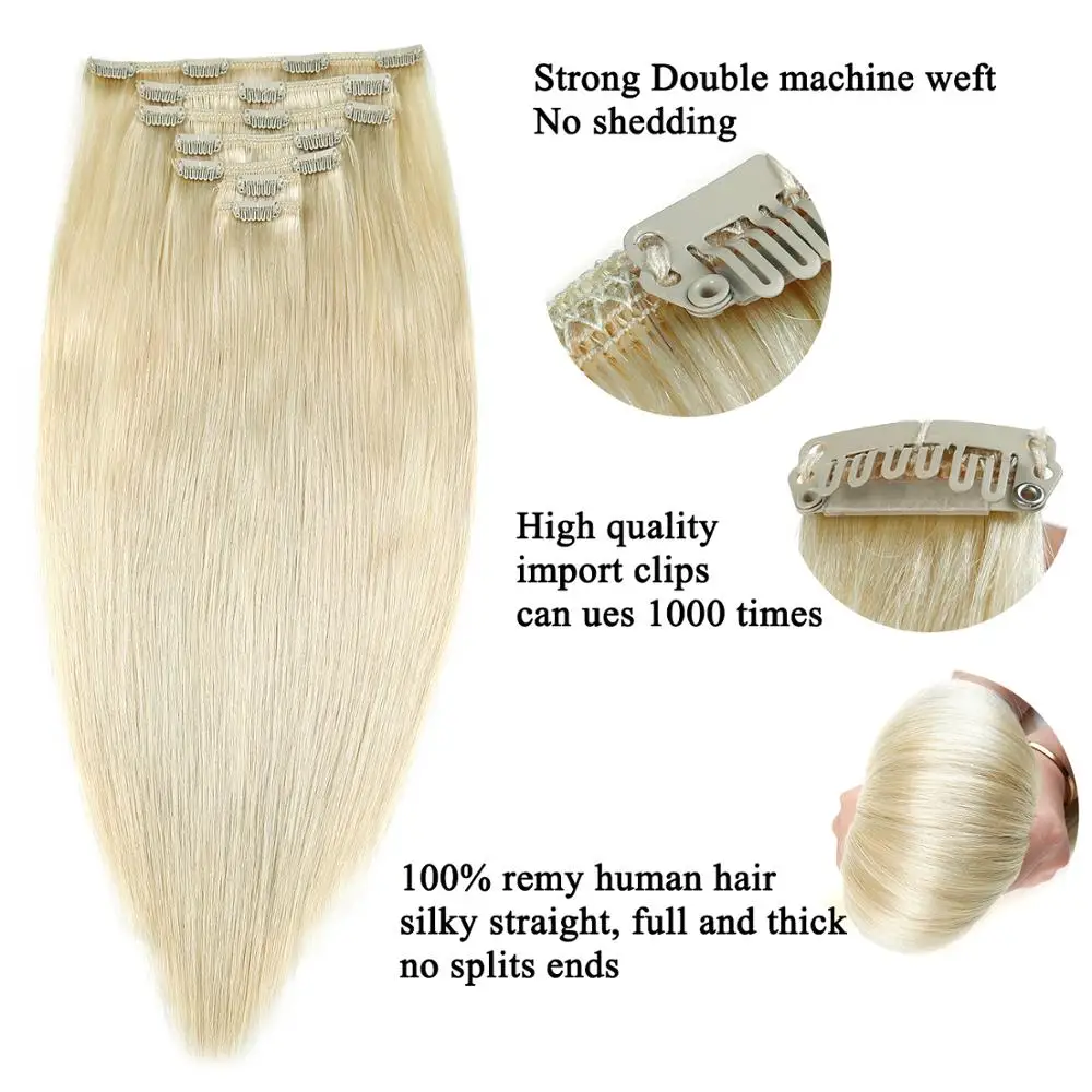 Neitsi Double Drawn Remy Clip In On Human Hair Extensions 20" 24" 7pcs 16 Clips Natural Straight Clip Ins + 30pcs Strong Clips