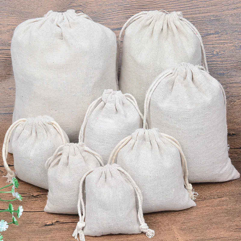 50pcs/Lot Natural Linen Cotton Bags Big Drawstring Gift Pouches Home Storage Christmas Wedding Packaging Bag Custom Print Logo