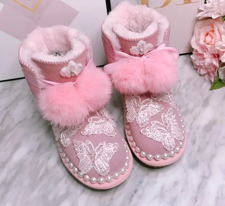 Hair ball snow boots heavy work little fairy butterfly embroidery short tube big cotton boots winter new pink