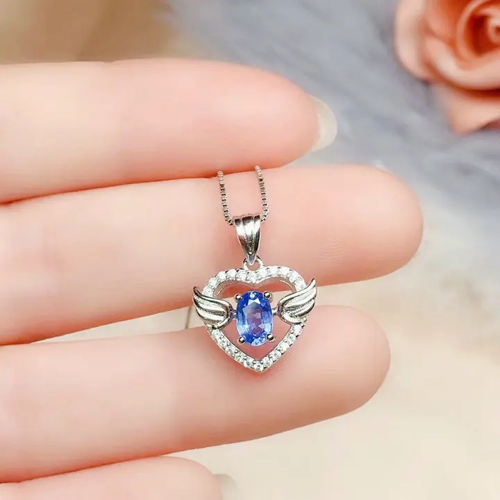 Натуральное Настоящее сапфировое ожерелье кулон 0.6ct драгоценный камень 925 Серебряное сердце, для влюбленных Стиль# R99407