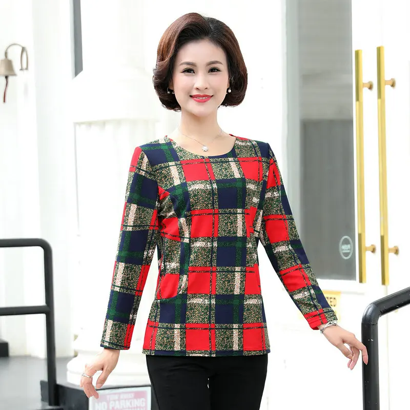 

Chines Style Elderly Women Casual Blouses Oriental Printing Round Collar Long Sleeve Bottoming Tops Autumn Spring Shirt Woman