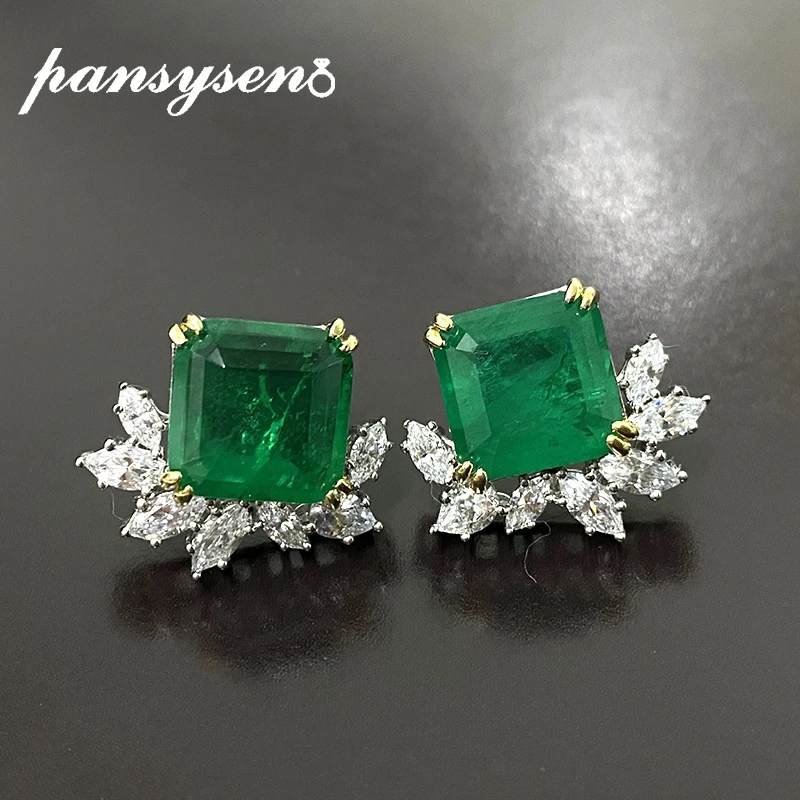 

PANSYSEN Vintage Solid 925 Sterling Silver Jewelry 10MM Emerald Gemstone Stud Earrings for Women Party Wedding Fine Jewelry Gift