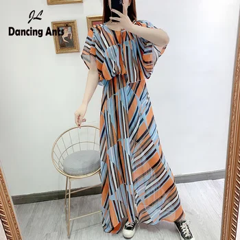 

Women Chiffon Dress Asymmetrical O-Neck Short Sleeve Slim Dresses 2020 Summer Femme Matching Color Striped Print Vacation Dress