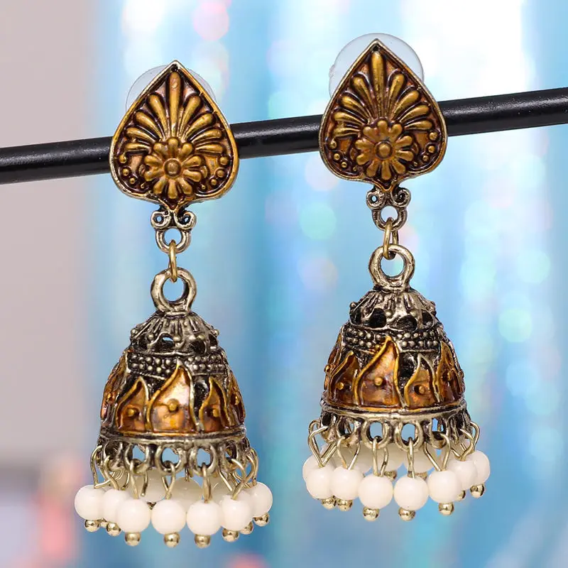 Цыганские украшения в стиле ретро, этнические, серебряные, индийские, Jhumka, маленькие колокольчики, бусины, висячие серьги с кисточками для женщин, богемные, вечерние, подарок - Окраска металла: leaf gold