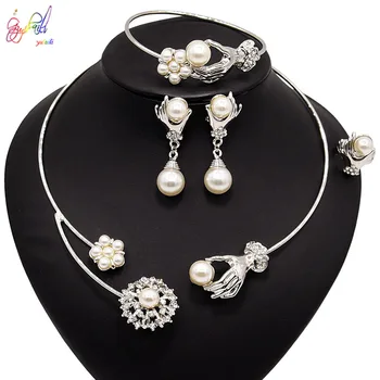 

Yulaili Newest Classic Silver Color Charm Choker Necklace Earrigns Ring for Women Nigerian Wedding Bridal Jewelry Sets Bijoux