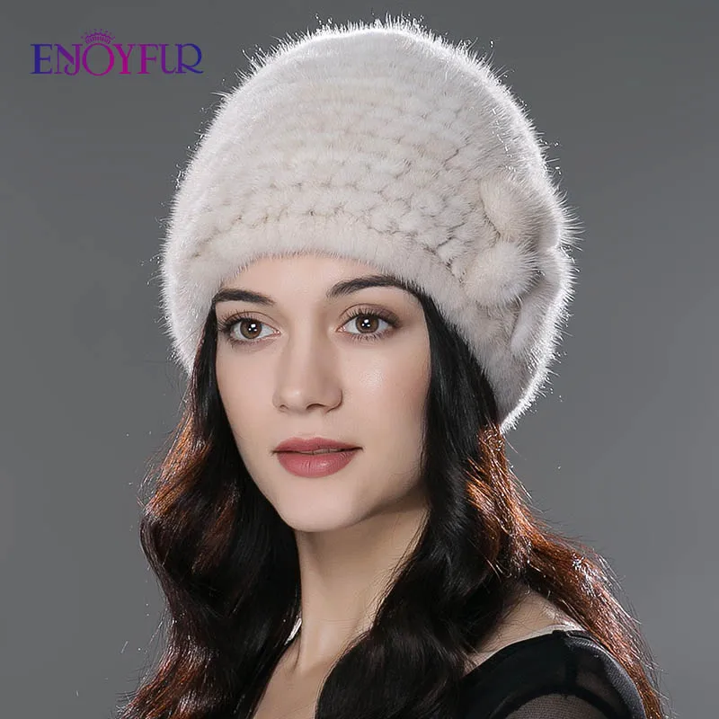 Женская вязаная шапка бини ENJOYFUR, толстая теплая шапка из натурального меха норки на зиму