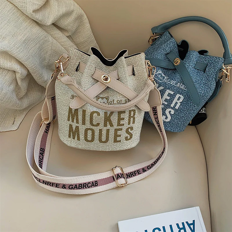 

2019 New Style Cloth Autumn Bucket Bag Mouse Lettered Embroidery Shoulder WOMEN'S Bag