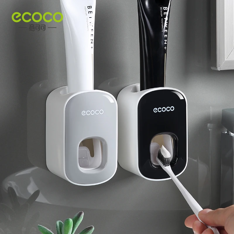 ECOCO Wall Mount Automatic Toothpaste Dispenser Bathroom Accessories Set Toothbrush Holder Wall Mount Stand Bathroom Accessories