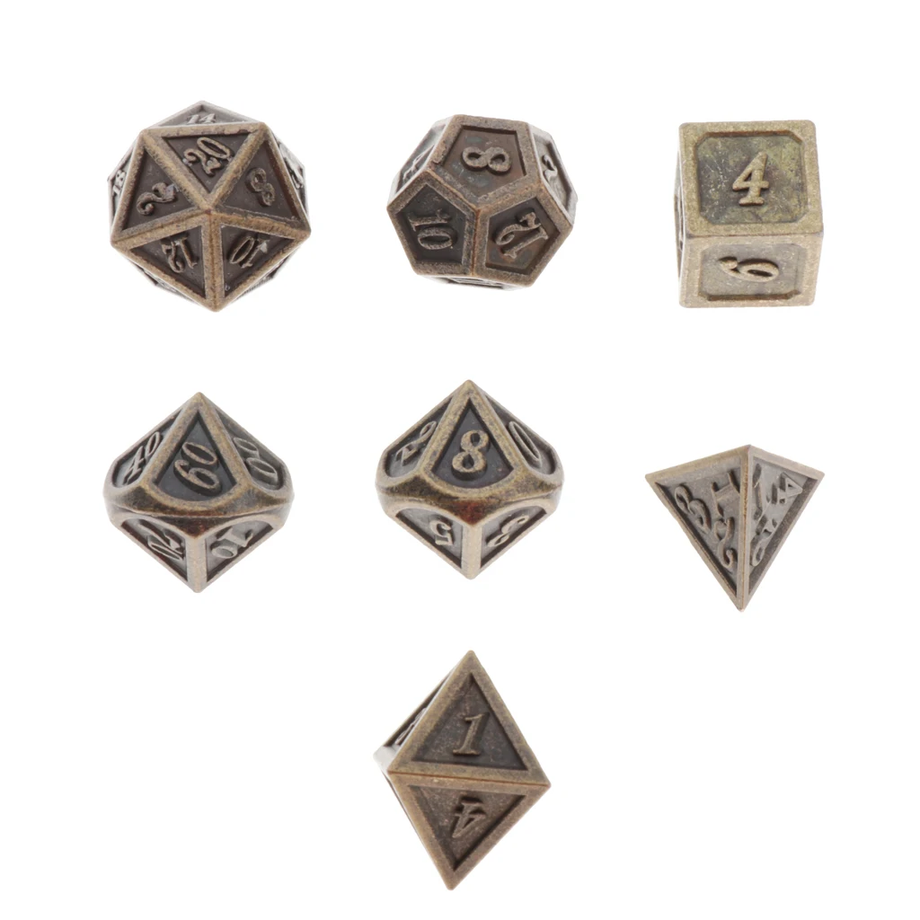 7pcs/set Antique Copper Solid Metal Polyhedral Dices Set D4 D6 D8 D10 D10 D12 And D20 Playing Game Dicefor DND MTG RPG Games