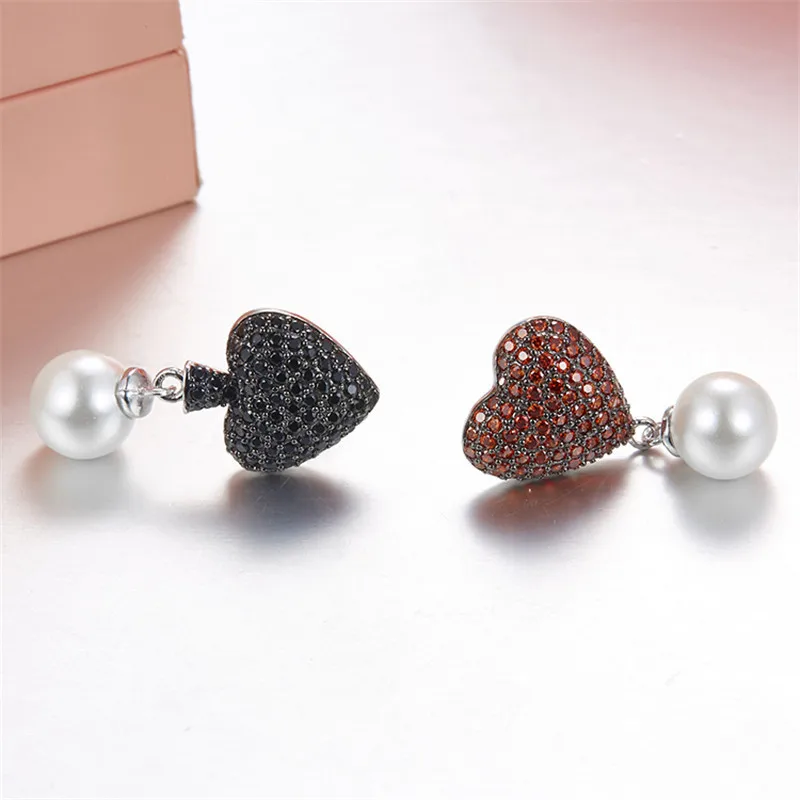 

Red Heart Spade Pearl Stud Earrings Mirco Inlay Zircons 925 Sterling Silver Women Earrings boucles d'oreilles pour les femmes