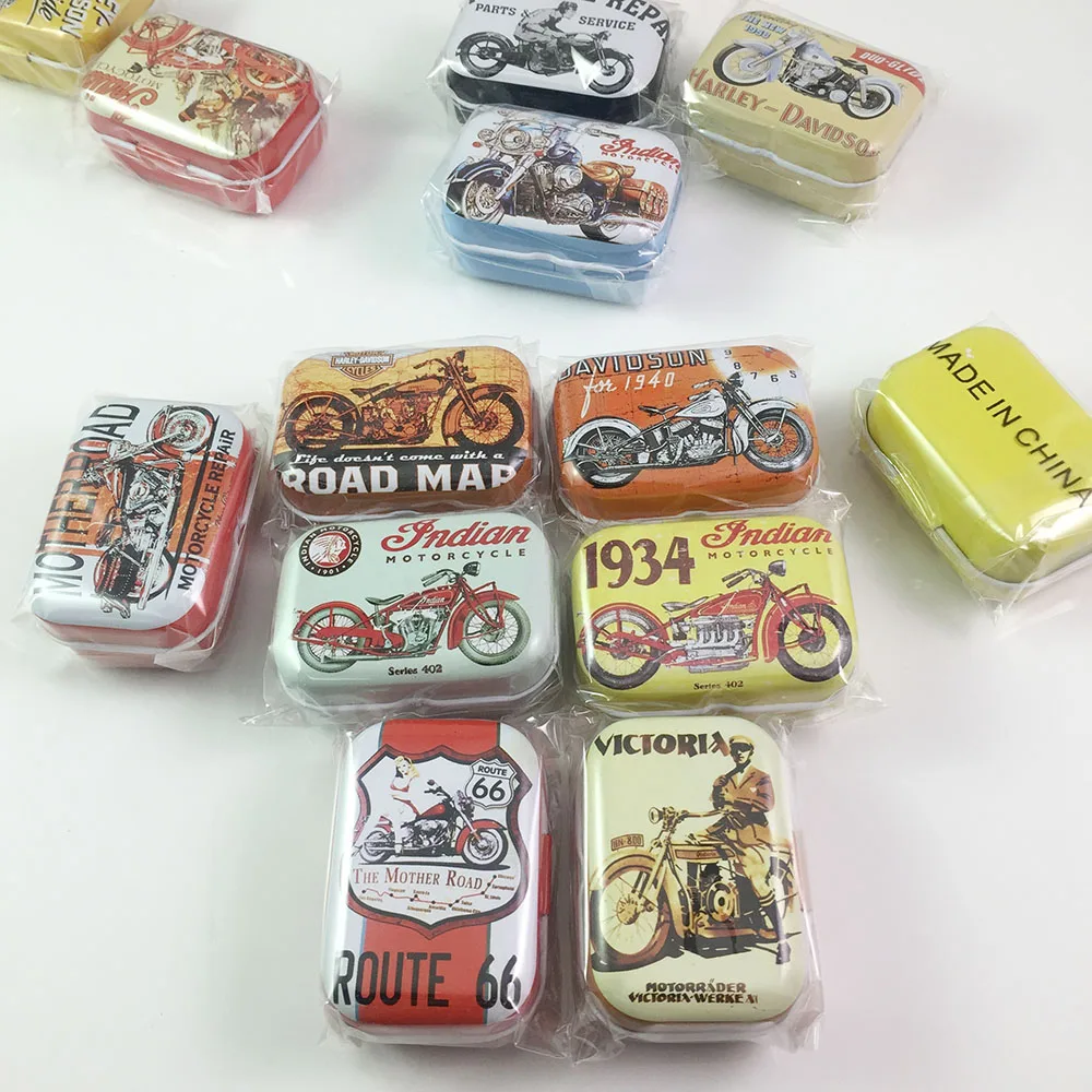 

32 pcs/lot Personalized Christmas Gifts Toys for Boys Small Motorcycle Pattern Tea Cookies Storage Box Candy Metal Tin Box