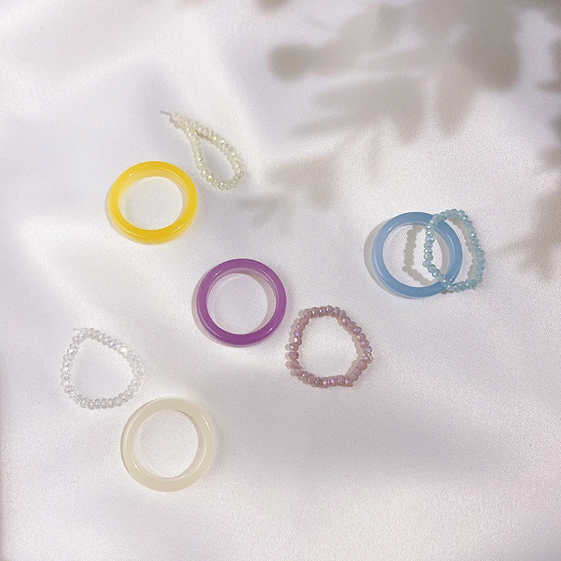 Simple Colorful Transparent Resin Acrylic Rings Set Candy Color Beads Chic Spring Rings for Women Picnic Party Jewelry Gifts