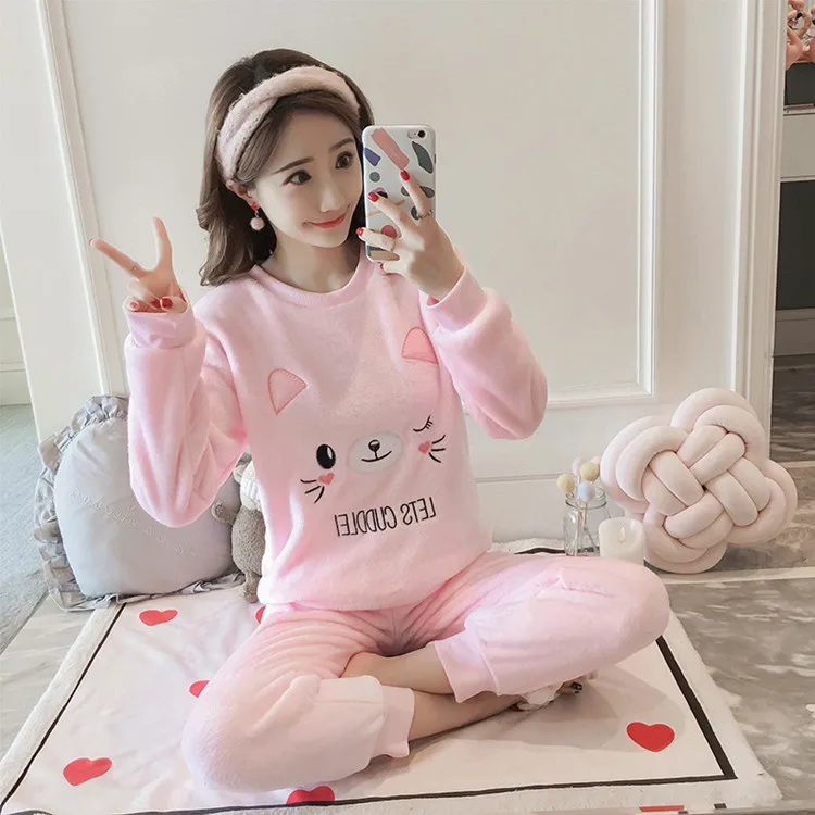 Women Pajama Sets Autumn Winter Pajamas Flannel Cartoon Thick Warm Women Sleepwear Cute Animal Female Homewear