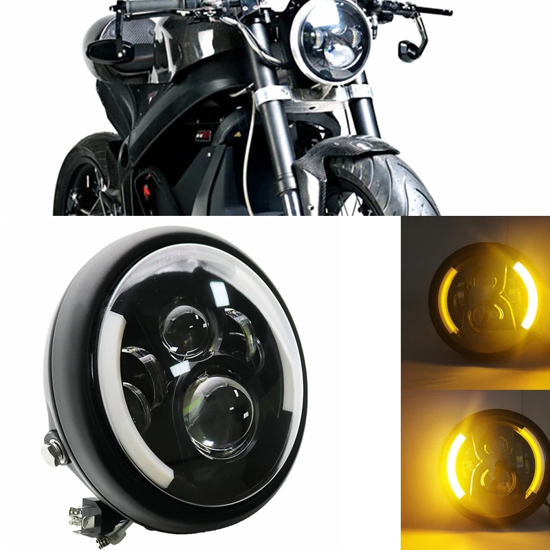 Universal 7.5 inch LED Retro Bucket Motorcycle Modified Headlight Hi/Lo Beam DRL and Matte Black Headlight Housing With Bracket