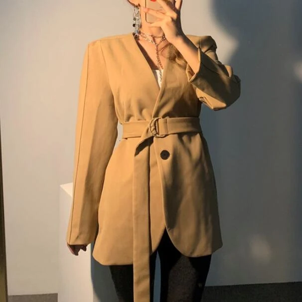 Korean Fashion Women Office Work Blazers Brown Black Solid Color Belted Slim Blazer Coat - Цвет: brown