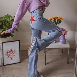 Mulher calças compridas estrela impressão lavagem jeans solto casual denim calças largas perna maré das mulheres rua hip hop streetwear