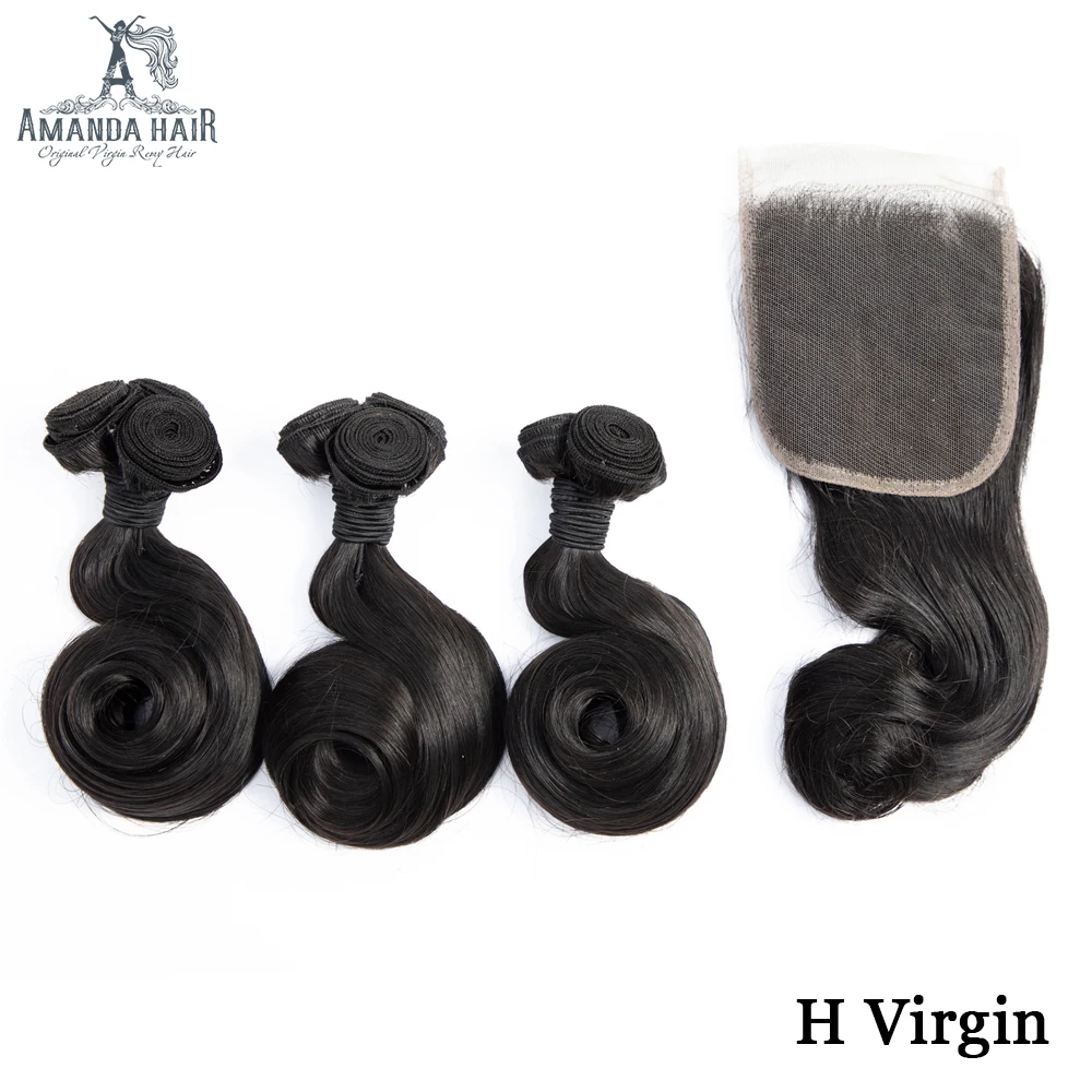 Amanda Egg Curl Funmi Hair Double Drawn Human Hair Bundles with Closure Unprocessed Virgin Brazilian Hair Bundles with Closure