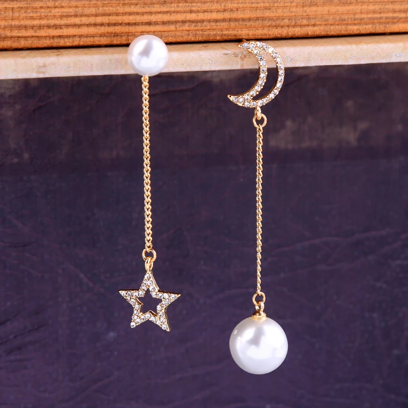 BALANBIU Asymmetric Shiny Crystal Moon Star Gold Color Long Chain Acrylic Pearl Dangle Earrings For Women Gifts Fashion Jewelry | Украшения
