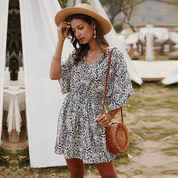 

Summer Short Print Dress Women Button V-neck Above Knee Mini Dress 2020 New Office Lady