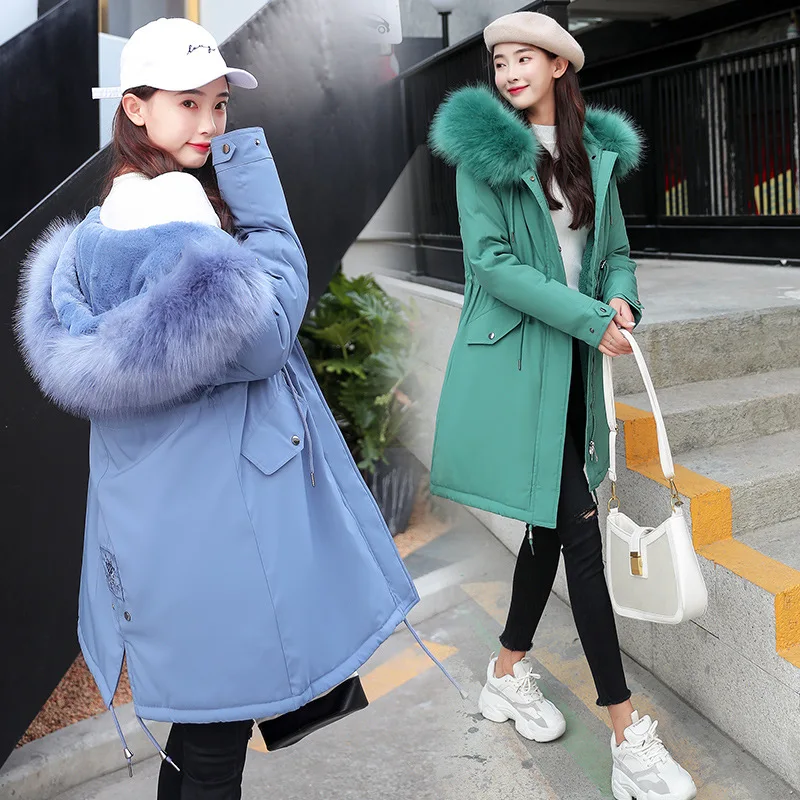 

2019 Winter Women's Mid-length Pike down Jacket Cotton-padded Clothes Women's Slim Fit Large Fur Collar down Jacket Cotton-padde