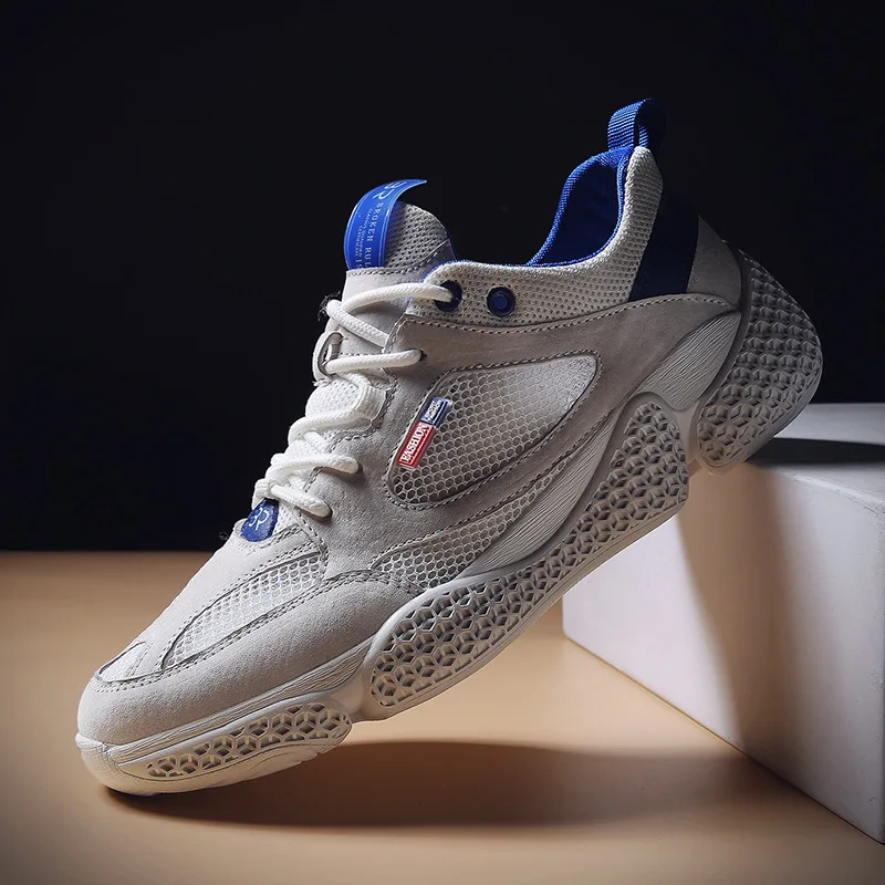 

2019 Summer Korean-style New Style Breathable Anti-slip Sports Footwear Running Shoes Genuine Leather Mesh Shoes Low Top MEN'S S