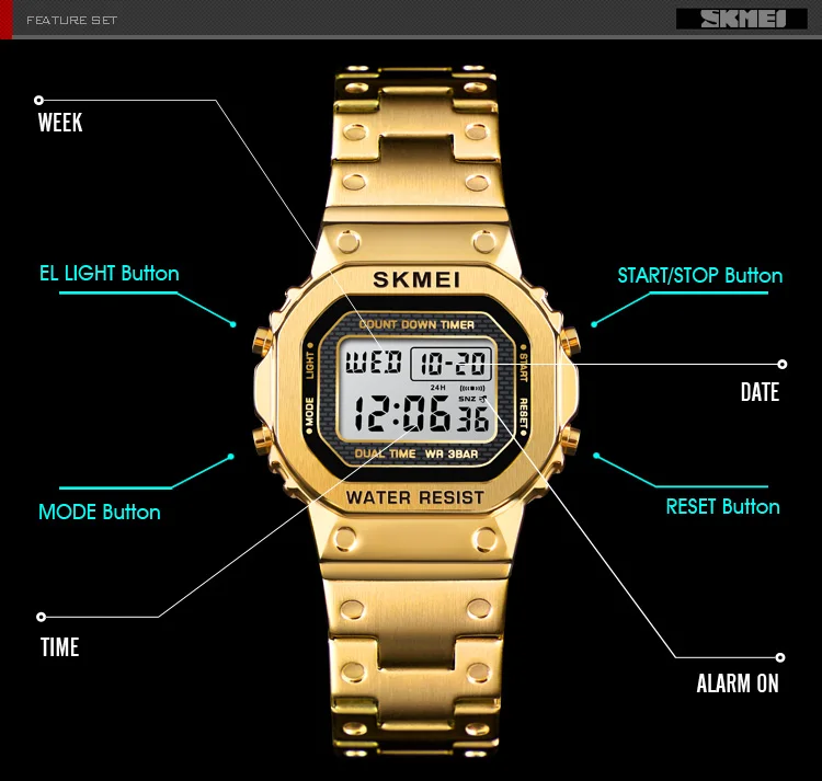 SKMEI 1433 Women Retro Fashion Digital Watch 30M Waterproof Watch Stainless Steel Strap