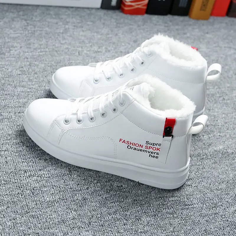

Autumn and winter new soft leather lace-up white shoes plus velvet thick-soled cotton boots snow boots women