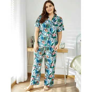

Plus size home service fat lady plus size short sleeve home service two-piece rocket astronaut print comfortable loose pajamas