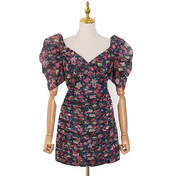 

HIGH QUALITY Newest 2020 Designer Runway Dress Women's Puff Sleeve V-neck Grogeous Floral Print Midi Drape Dress