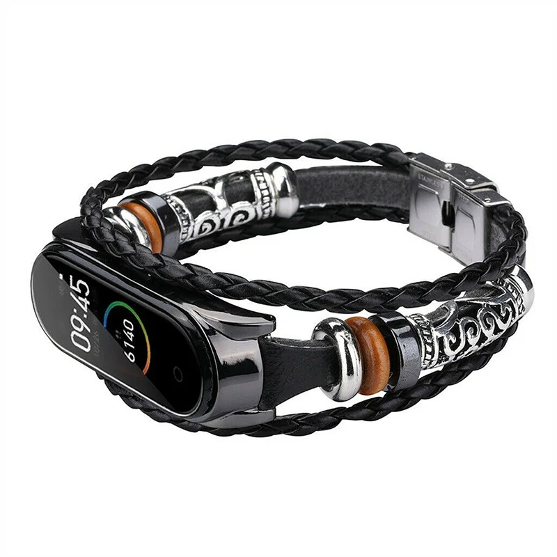 Pohiks Smart Metal Bracelet Leather Weave Strap Braided Watch Band For Xiaomi Mi Band 3/4 Wrist Strap Replacement Accessories - Цвет: Black