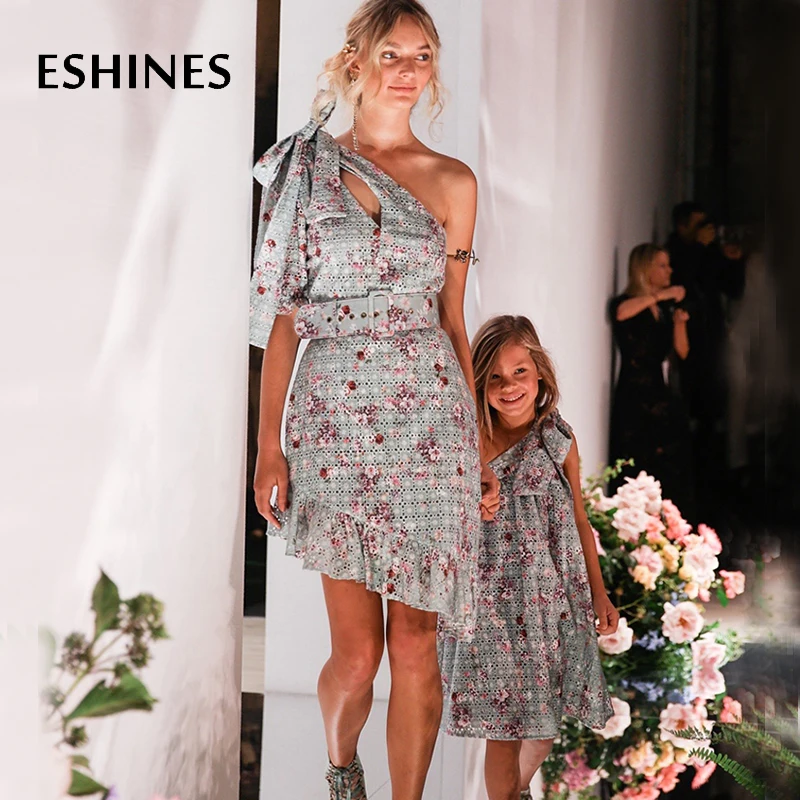 

ESHINES Runway Designer Mini Dress Summer Blue Floral Printed One-Shoulder Slash Neck Puff Sleeve Hollow Out Mermaid Dress