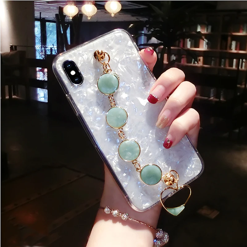 

For iPhone 11 Pro MAX XR XS MAX 6 6s 7 8 Plus For Samsung S7 S8 S9 S10 Plus Note 10 9 8 Emerald Chain Heart Bracelet Shell Case