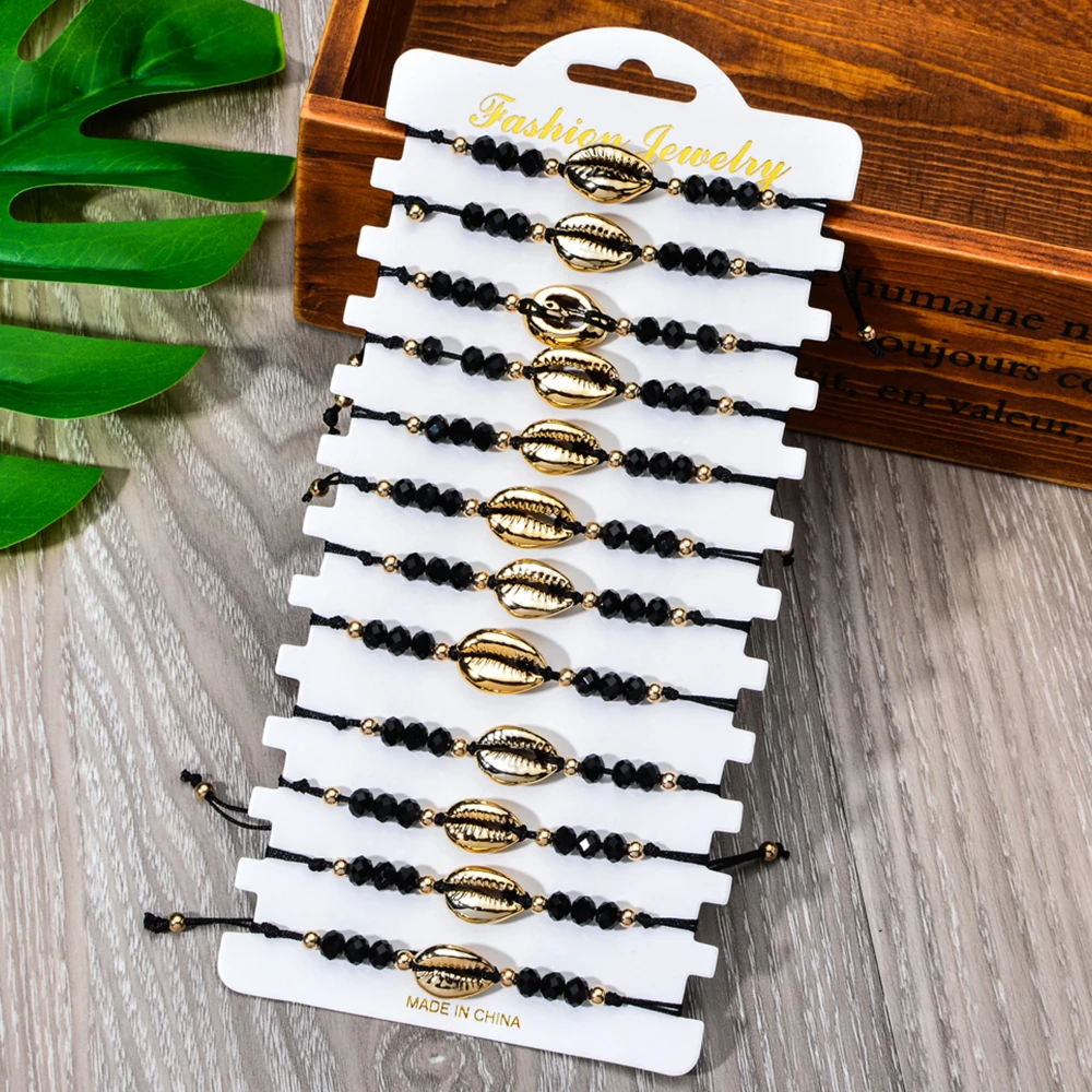 

Bohemian Crystal Beads Shell Charms Bracelets Set Adjustable Handmade Woven Rope Chain Bracelet for Women Cuff Jewelry 12pcs/set