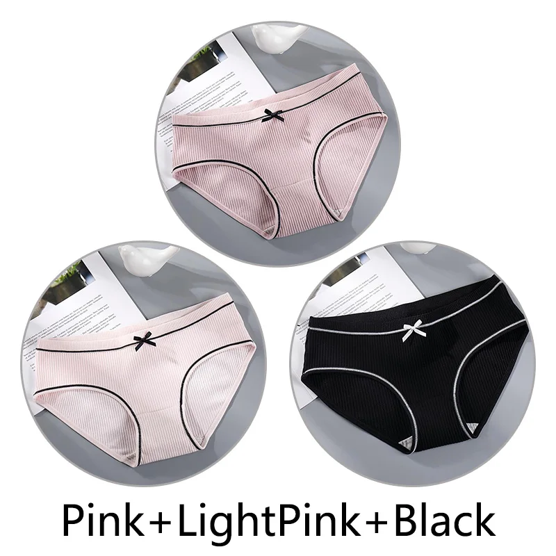 Pink L-Pink Black 3 шт./партия, хлопковое нижнее белье, женские однотонные сексуальные трусы, бесшовные, средняя посадка, трусики, женское нижнее белье, мягкие интимные трусики с бантом - Цвет: Pink L-Pink Black