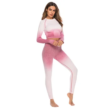 

Seamless Yoga Sets Women gradient long sleeve top and high waist Tummy Control Sport Leggings Girls Gym Running Sport Sets