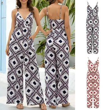 

Sexy Spaghetti Strap Backless Beach Casual Loose Rompers Womens Jumpsuit Summer Trousers Overalls Print Jumpsuits For Women