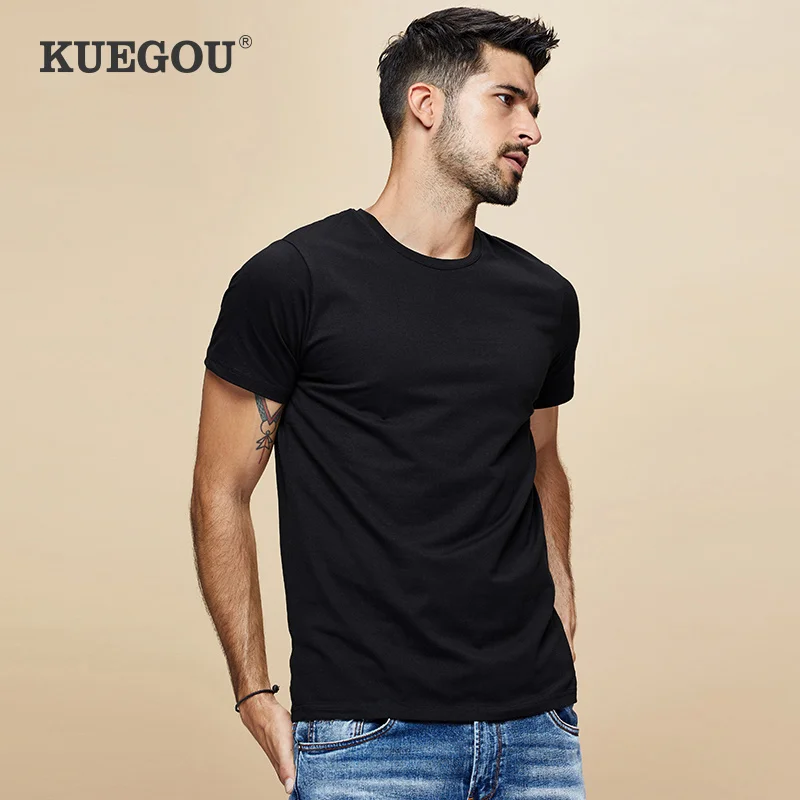 KUEGOU Хлопковая мужская футболка с коротким рукавом, модные одноцветные удлиненные футболки, летняя белая футболка для мужчин, топ размера плюс ST 701|Футболки|   | АлиЭкспресс