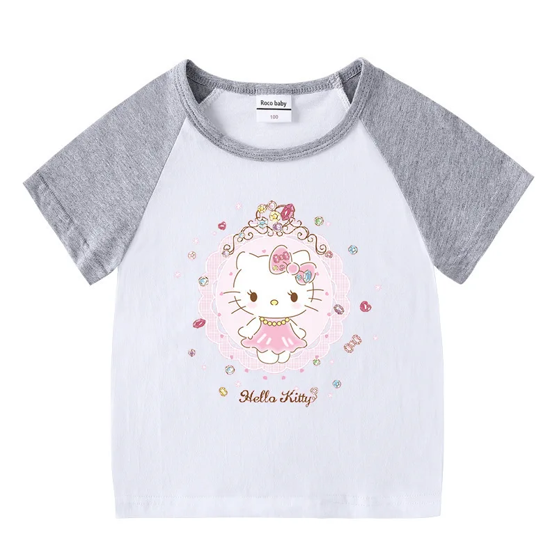 thumbnail image 1 of Hello Kitty algodón cuello redondo nueva camiseta de manga corta de verano para niños niñas niño camiseta raglán camisa de fondo bebé lindo dibujos animados Top, 1 of 5