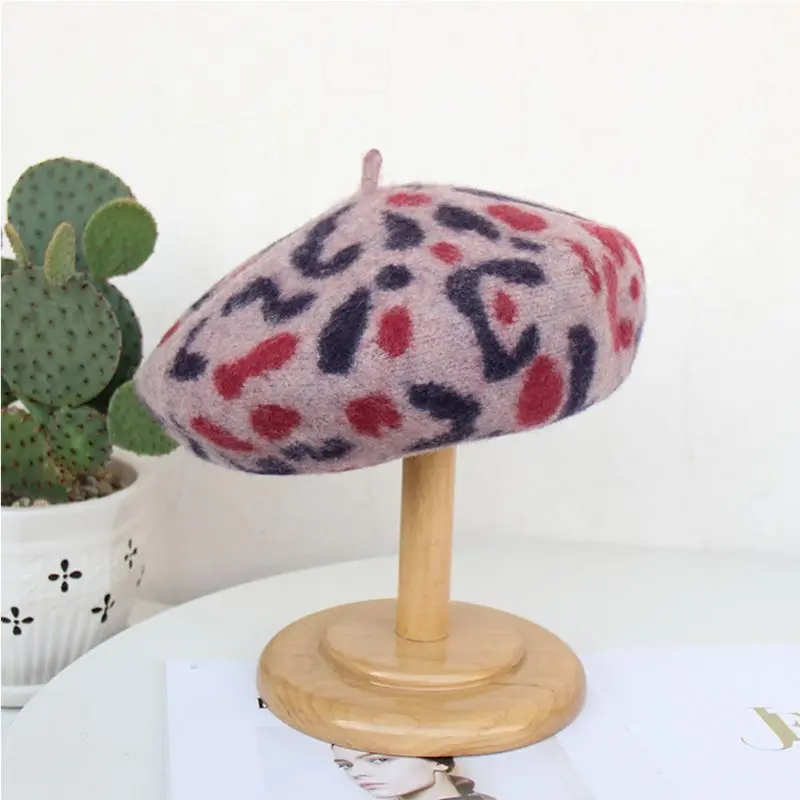 Women Girls Vintage Faux Wool French Beret Hat Contrast Color Leopard Printed Winter Autumn Stretchy Artist Painter Pumpkin Cap