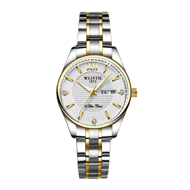 Men's Calendar Waterproof Couple Stainless Steel Band Belt Quartz Watch Men's Fashion Business Casual Women's Quartz Wrist Watch - Color: Rose